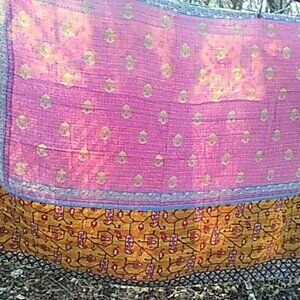 Kantha Quilt Pink Yellow Red White Blue 54" x 84" Cotton Reversible K57.